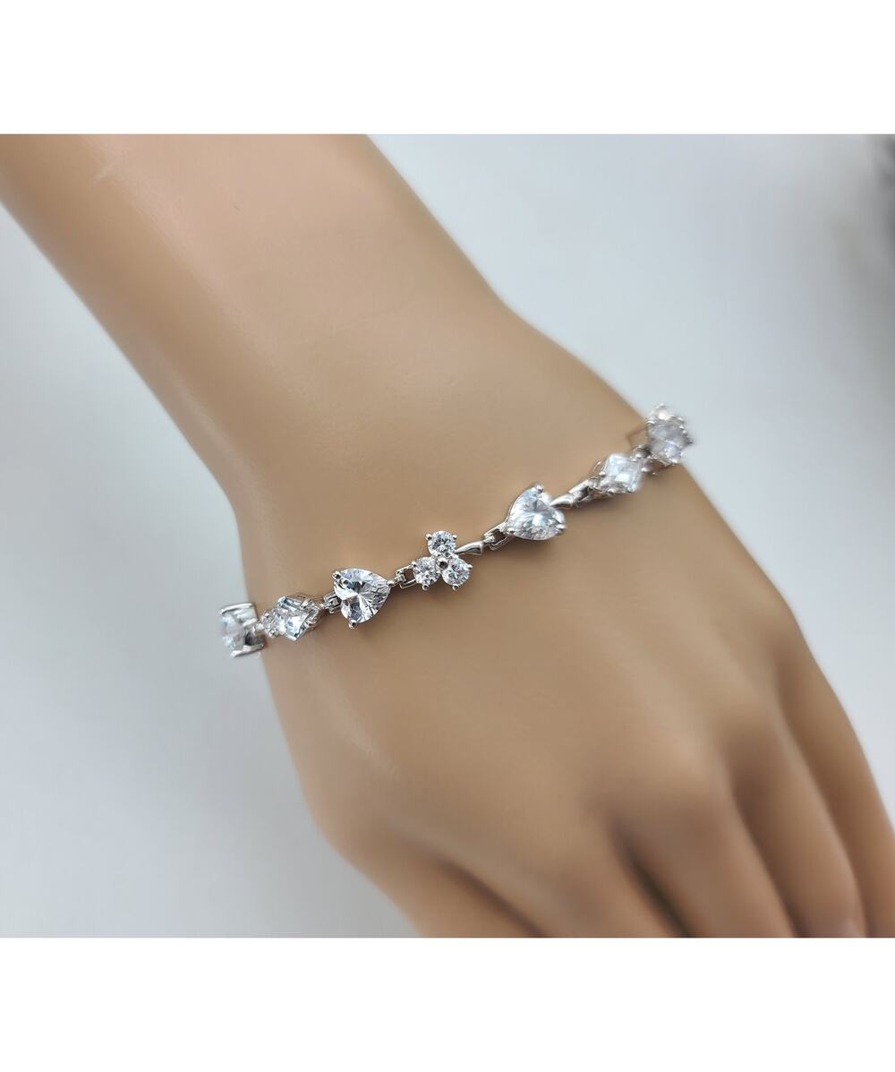 Rhodium Plated 925 Sterling Silver Mixed-Cuts Moissanite Bracelet 8" Thailand